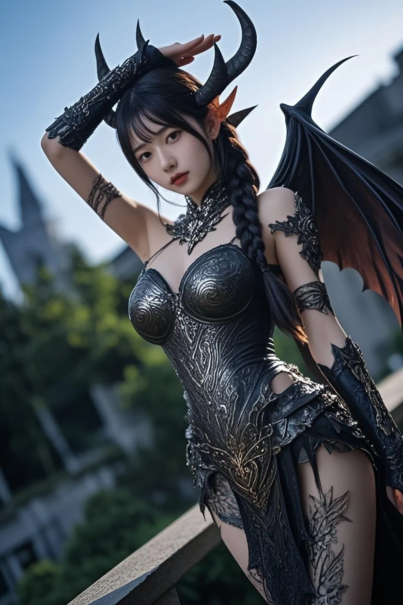 （Hold your weapon）,Professional , ​masterpiece、top-quality、photos realistic  、（Dragon Black Metal Body:1.９),(Matte Blue Silver、(Night World)、（cleavage of the breast）、Dragon Gold Weapon、（Micro Bikini Armor:1.４),Mystical expression、Gorgeous gold weapons ,（Fight dragons）、Seductive look、（（ Dragon's dense and gorgeous sword）） , （demonic wings）   ,Detail and gorgeous crown、（（a blond））、（Castle background）、（（Gangle's forest background））、Beautiful Caucasian beauty、１a person、dynamic ungle,(((Detailed and ornate dragon helmet)))、Smaller head、A smile、Castle background、Thin and beautiful female hands、cleavage of the breast、Soldier in iron armor on background、Mystical expression、Light Effects、intense fighting、Wind-effect、magic circles、With the legendary magic wand、Dragon's tail、fight、