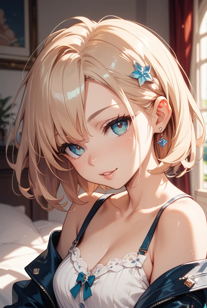 absurderes, ultra-detailliert,bright colour, extremely beautiful detailed anime face and eyes, view straight on, ;D, shiny_skin,25 years old, Short hair, , asymmetrical bangs, Blonde hair with short twin tails, Shiny hair, Delicate beautiful face, red blush、(Deep Blue Eyes:1.2), White skin, hair clips, (Accept yourself:1.5)、pink  bra、(Surprised:1.4)、(nose blush)、Looking at the camera、Bedroom、(Upper body:1.2)、Slender body、Shiny hair、Opening Mouth、(Bright sunshine)、Wearing a change of clothes、(glint)、You can see the blue sky from the window、Small necklace、hair clips