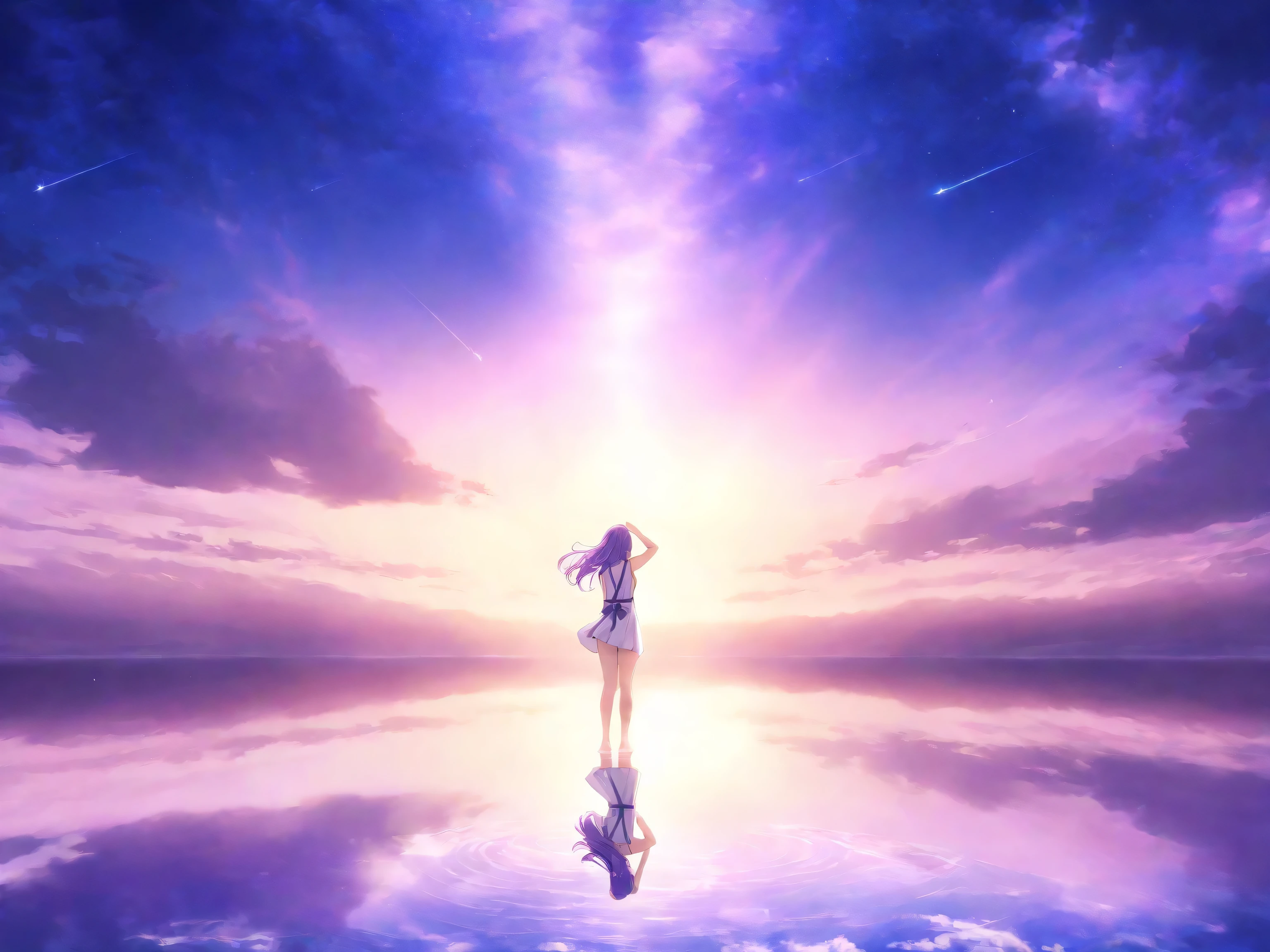 Dreamy Feeling, Purple Color,  masterpiece, best image quality, great quality for men and women, very aesthetic, high resolution, ultra-precise, Short skirt length, recent, Scenery, Backride, There is only one person, Women with long light purple hair, Women's hair twinkling, Natural proportions and figure, wearing a sleeveless white dress, Women with long purple hair, Dreamy sky and clouds, Several shooting stars pass through the sky, Woman looking at the sky, Woman's Back View. Woman's Back View, Woman standing on the water, Water naturally shimmers under her feet, Shining Brightly, Sparkling water and sky, Overall Nice effect, Brightness , dreamy.
