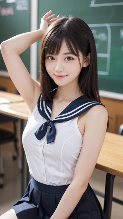 masterpiece, best quality, photorealistic, raw photo, DSLR, 15-year-old beautiful Japanese girl, shiny fair skin, realistic beautiful no makeup face, realistic beautiful bright eyes, double eyelids, look at viewer, smiling, highest detailed shiny black hair and bangs, disheveled hair, slim figure, slim face, slim waist, medium breasts, ((school sailor suit, pleated skirt, taking selfie, in classroom, chromatic aberration, caustics)), realistic lighting and shadows, depth of fields, highest delicate and beautiful photo, ultra high resolution, 8k UHD wallpaper,