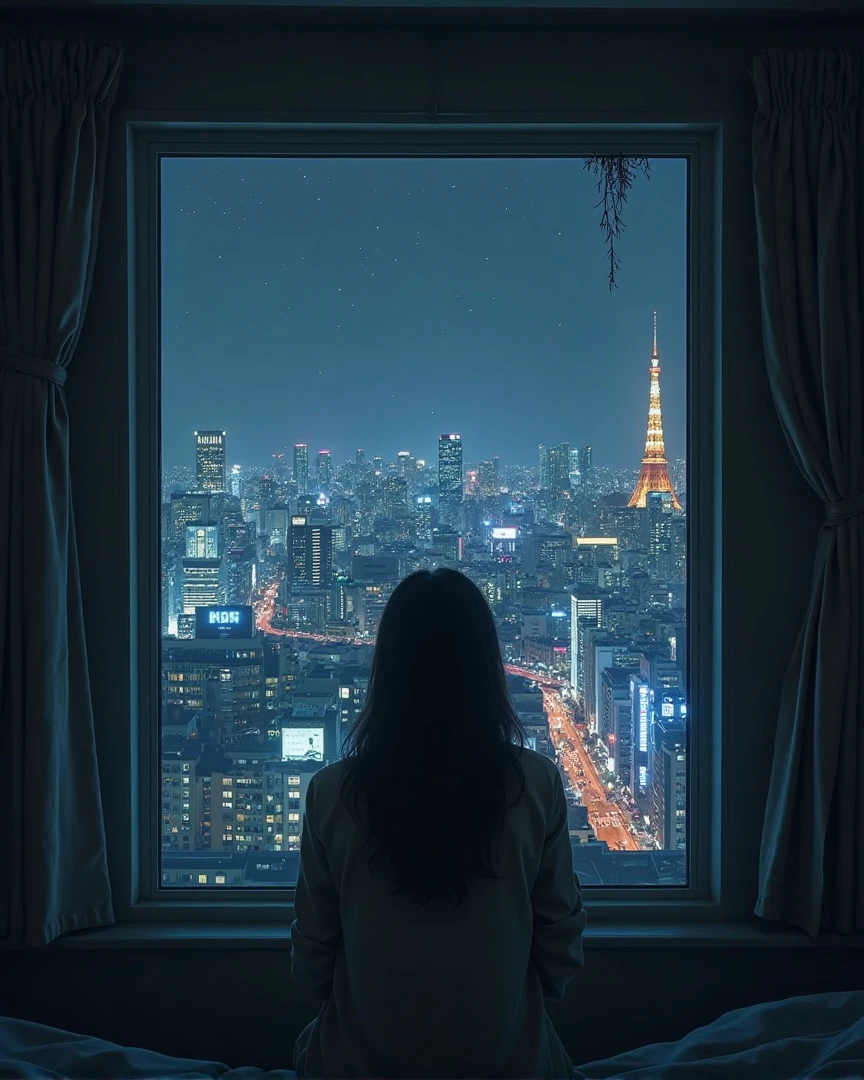 A woman in translucent pajamas, standing in front of a large floor-to-ceiling window, half-back, slim figure, overlooking Tokyo's architecture, everything covered in film, rich details, panoramic perspective, cinematic texture, epic feeling, cinematic texture Kodak film, scrapes and scratches, backlight, 8K,