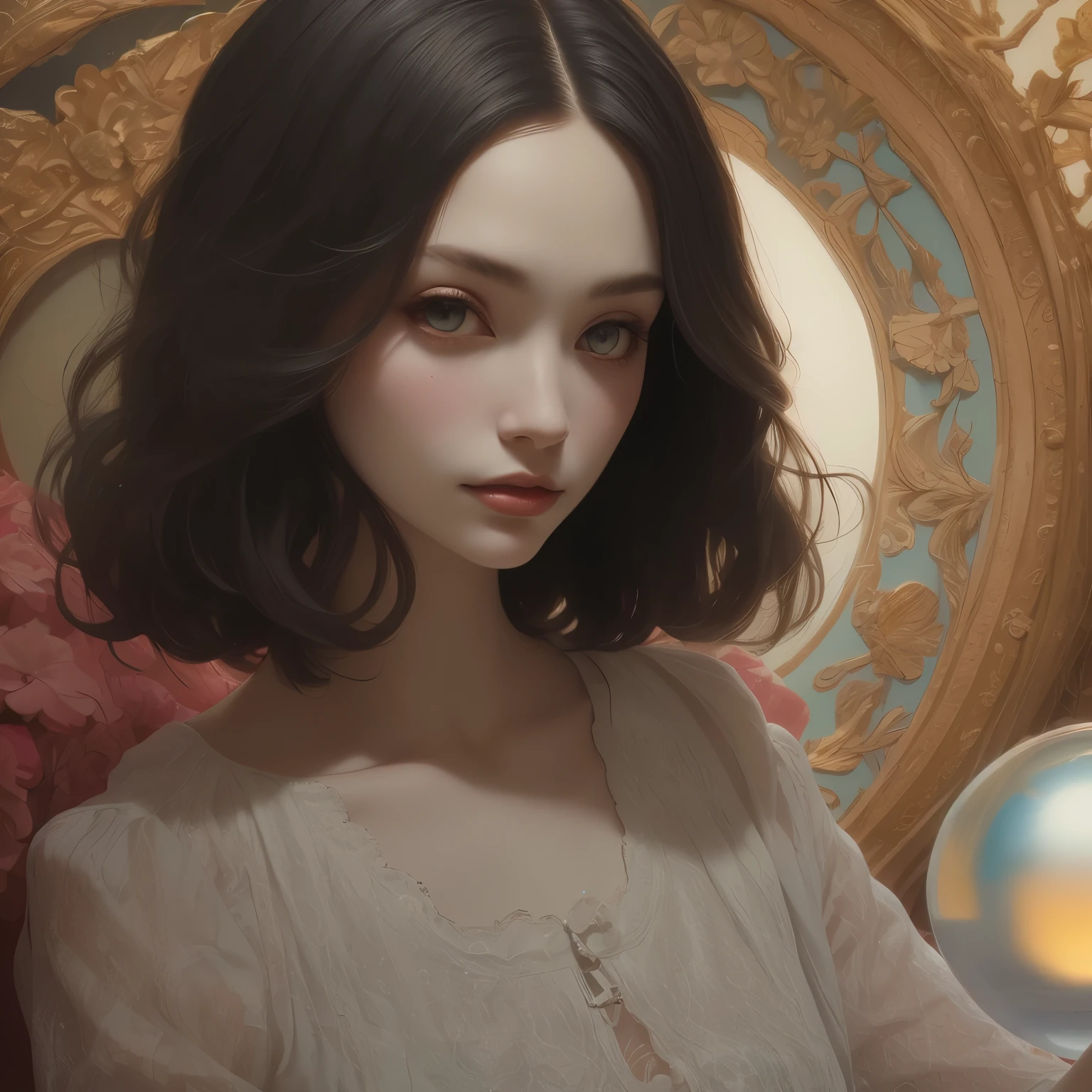 383 (20 year old woman),(short hair),(gentle smile),(high quality photos),( cinematic pictures playing on the lawn ),(colorful),(Crystal Ball),((contrast between light and shade)) ,(Da Vinci )