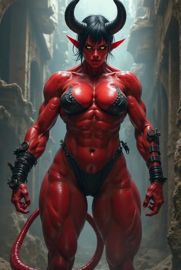 (ghost:1.7)、ghost子母神、young woman、((Beauty))、Japanese、1、cute、ghost、Two short horns on the head、(((Red skin)))、Swimwear、Muscular、Large build、Hard-on abs、Holding a stick、A muscular, muscular body、A muscular body like a professional wrestler、(best quality,4K,8k,highres,masterpiece:1.2),ultra-detailed,(realistic,photorealistic,photo-realistic:1.37),HDR,uhd,studio lighting,ultra-fine painting,sharp focus,physically-based rendering,extreme detail description,professional,vivid colors,bokeh,cinematic lighting,dramatic shadow,