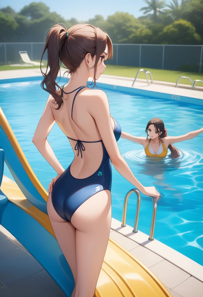 (((masterpiece, Highest quality, High resolution, 超High resolution, Perfect Pixel, Depth of written boundary, 4K, RTTX 10.0))), Beautiful Anime Women, Beautiful art style, Anime characters, ((Smooth texture, Realistic texture, Anime CG Style)), Exact finger count、Exact number of legs、(Exact number of arms:1.0, Exact number of hands:1.0), (Perfect hands, Perfect Anatomy.1.5), Cinematic, Realistic, Extremely detailed CG, Daytime lighting, Perfect lighting, Best Shadow, The best natural light, Perfectly balanced style, Perfect body, (Long Hair, Brown Hair, ponytail), ((Back view of a woman walking:1.5), (Sexy and cute magenta underwear, Shiny satin side-tie magenta full-back panties, Magenta panties with lace trim around the edges, Detailed panty folds:1.3), (From directly below), (Poolside, There are lots of people having fun at the pool in the background.々is playing:1.3)