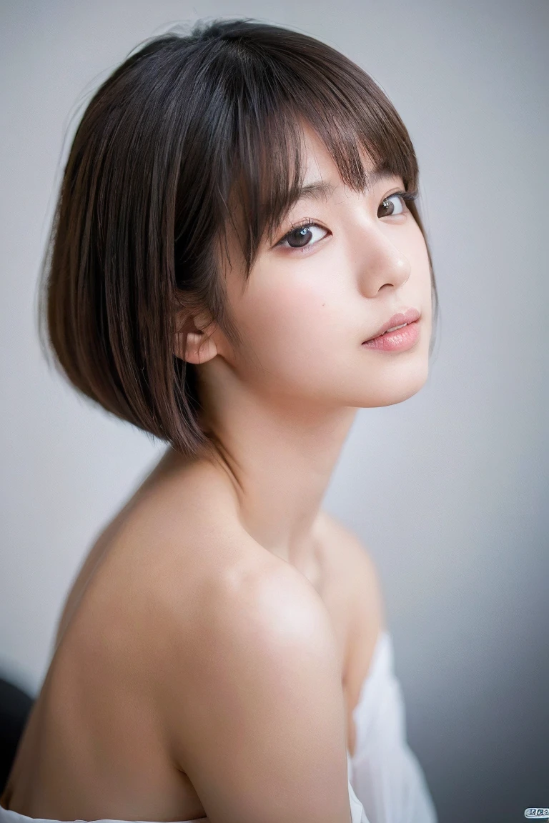 Upper Body、Beauty、Well-formed face、20-year-old、Uniform eyes、Small face、, light brown hair, hair over shoulder, parted bangs, straight hair, expressive hair, shiny hair, earrings, seductive smile, Upper body naked、Small Bust, Surrealism, cinematic lighting, first-person view, pov, f/1.2, Nikon, depth of field, cowboy shot, UHD, textured skin, best quality, highres, 8k