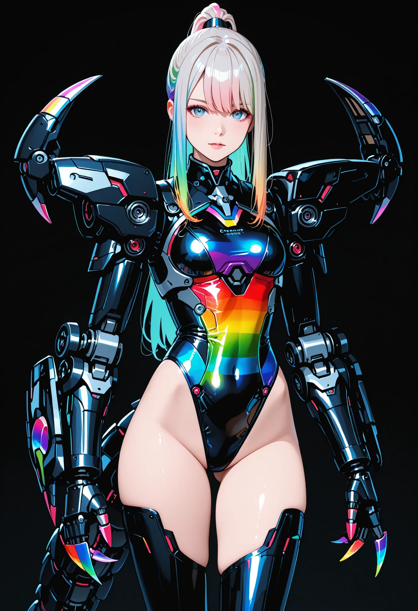 Mechanical Armed Girl. Cyber Leotard. Light Colored Hair. Ponytail Hair. Long Hair. Black Main Color. Rainbow Pigment Costume. Mechanical Armed Arm. Large Arm. Cancer Scissor Claw. Mechanical Tail.