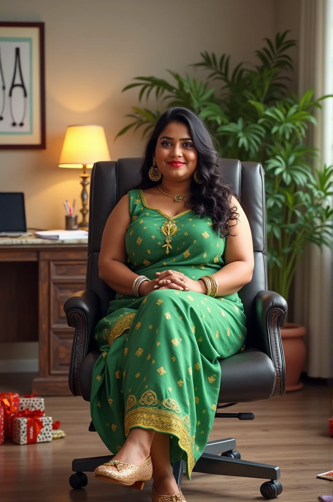 Day scene, A radiant, full-figured South Indian 3 aunty a light yellow colour chiffon fully transparent kurta, bra visible through kurta, ,standing, in a office captured in a full-body image with vibrant hues and meticulous details. Full body image