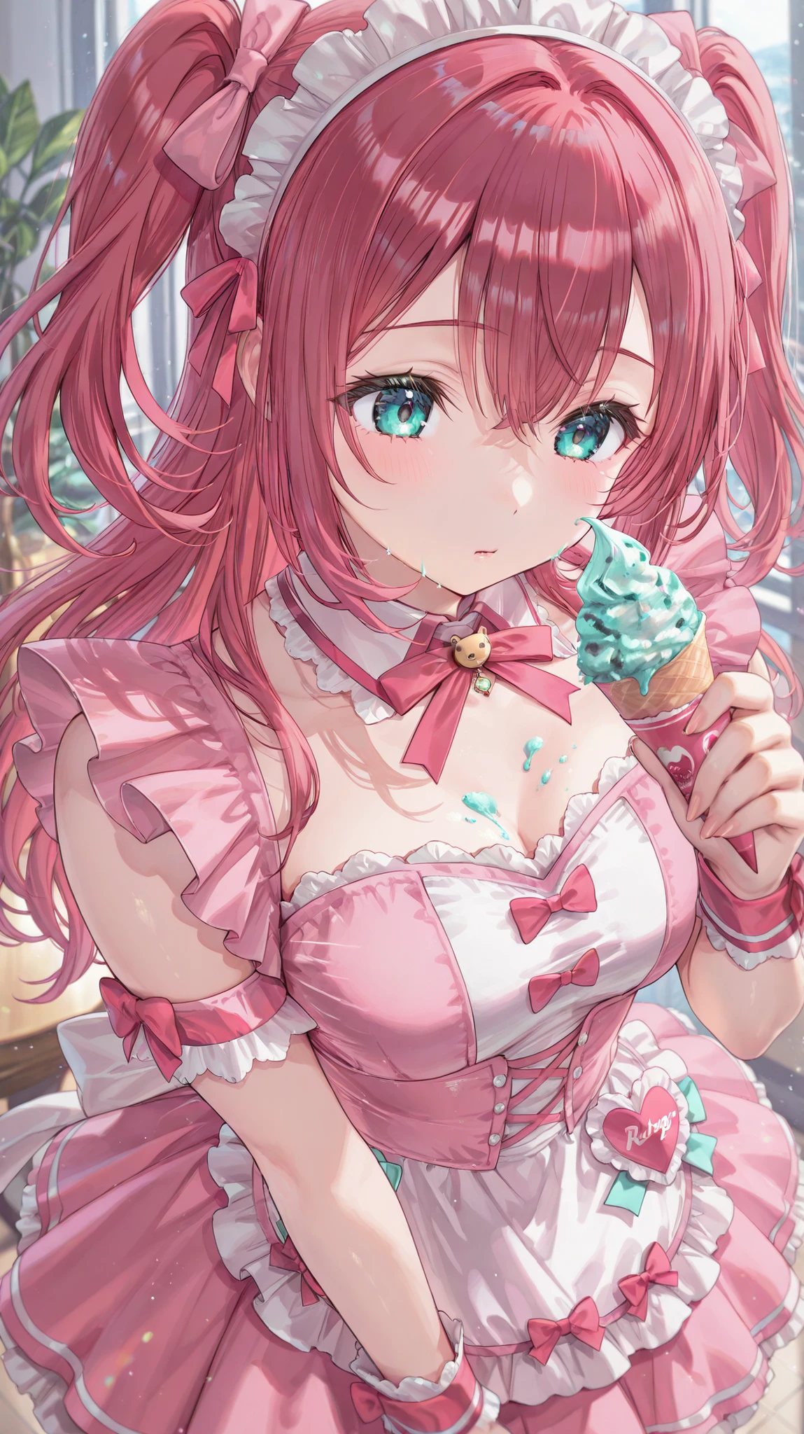 ((( details - perfect))), solo, 1 girl,  Kurosawa Ruby、pink maid outfit、Holding mint ice cream in hand