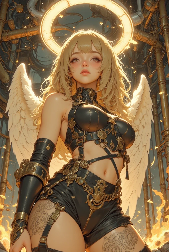 (32K:1.5, Dark fantasy:1.4, Highest quality, masterpiece, Ultra-high resolution), Perfect dynamic composition:1.3, Horror Portrait:1.4, chaos, darkness, Dark Demon World:1.3, (Detailed tattoos on the whole body:1.4, wearing exquisite jewelry:1.4), Very detailedな肌と顔の質感:1.3, Very accurate, Very detailed, (Cute and sexy succubus demon with big wings:1.3, Incredibly slim body:1.3, beautifully、beautiful:1.3), Prisoner, slave, Horn, Fair skin, Sensual posture, (How to properly dress badly torn clothing:1.3), Medium chest, (Big eyes that exude beautiful eroticism:0.4, Her expression when she felt intense caresses:1.0, Please open your mouth a little, lipstick, Feel the beautiful eroticism:0.9, Too sexy and cute:0.7, charm的な:0.7), ((torture:1.5, Lots of chains:1.6, Countless chains tangled in clothes:1.6, Chain your right arm:1.5, Chain the left arm:1.5, The right leg is bound with a shackle and chain:1.5, The left leg is bound with a shackle and chain:1.5)), Super long blonde curly hair, Earrings, necklace, bracelet, romantic, mysterious, elegant, Object of admiration, original, dramatic, artistic, Innovative, charm, Heartful, Fancy, sense of openness, sense of cleanliness, special, exciting, Extreme, Tilt, sense of loss, sorrow, sorrowの表現, (((大人のcharm, 女性的なcharm)))