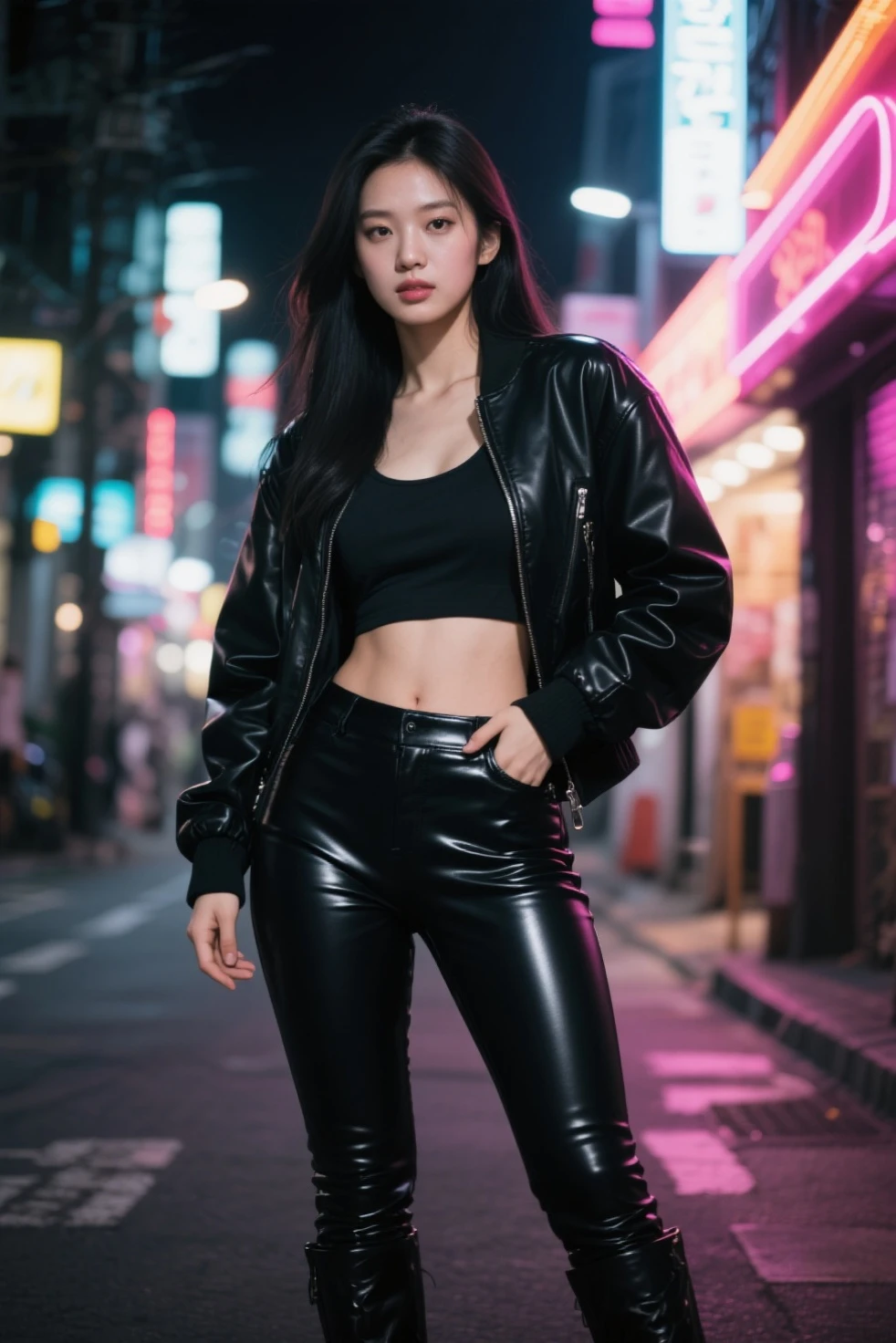 Corean, stay at the center of the street, night, illumination, long legs, in full romi, cool makeup, supermodel, perfect fit, wearing short mini skirt, stockings, textured skin, photorealistic, thighs, masterpiece, ultra-detailed, studio lighting, HDR, vivid colors