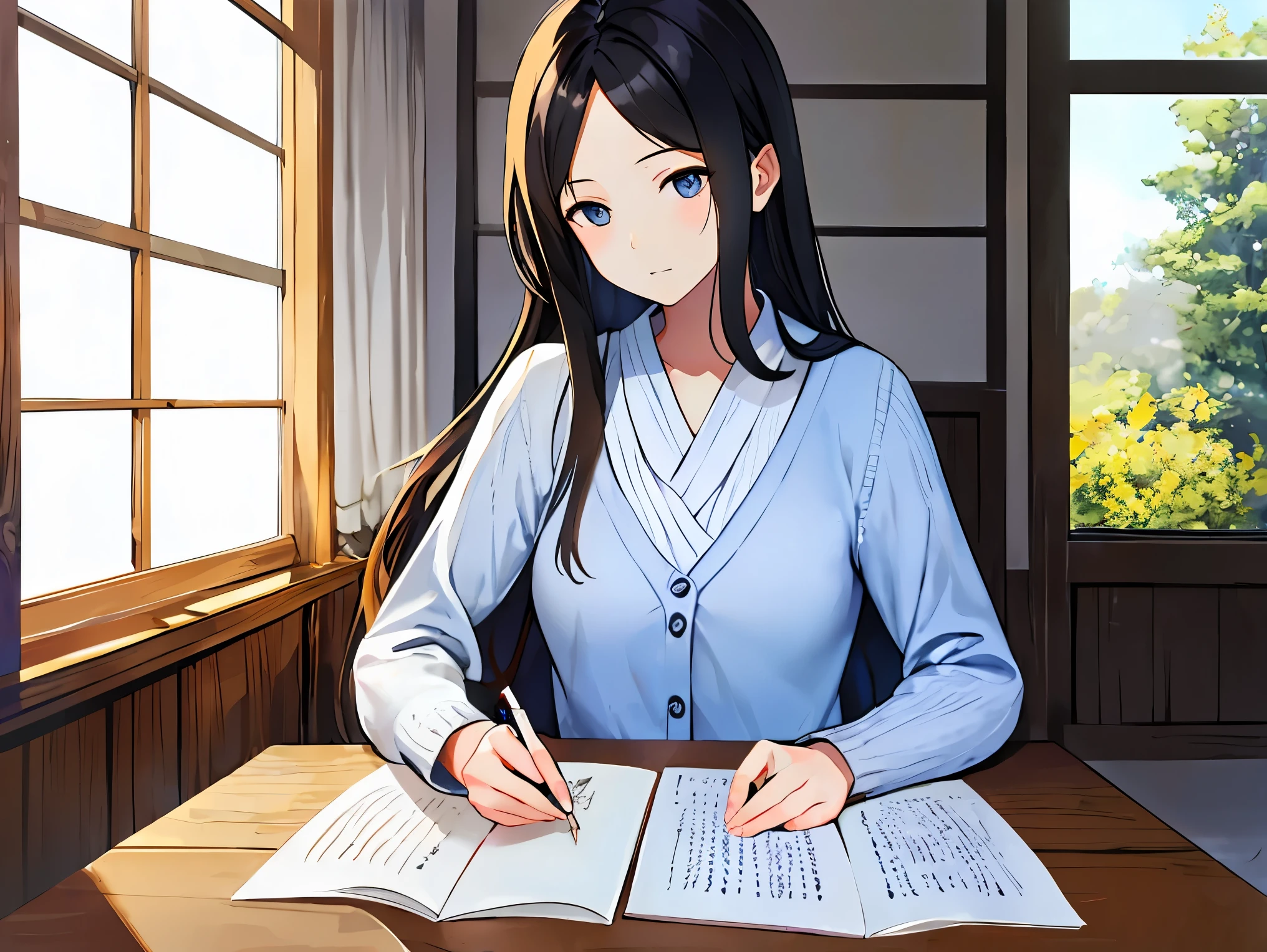 Japanese Female Artist、Black and long hair、Up-and-coming、Write using a quill pen on manuscript paper、sunlight filtering through the trees、Writing about the Table by the Window、white blouse、Light Blue Knitted Cardigan