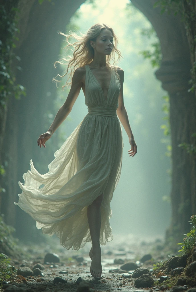 A tall thin blonde female waif standing on a bolder rock triumphantly, squat sit standing, dynamic pose 8k,
