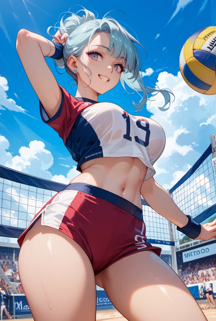 Girl with short green hair, Small size breasts,、Green Eyes, 、,Full body photo from head to toe、Volleyball Player、Volleyball Uniforms、、Uplifting、Leaning forward、、receive、Dive to pick up the ball、Desperate、Sweat、Uplifting、A moving picture、