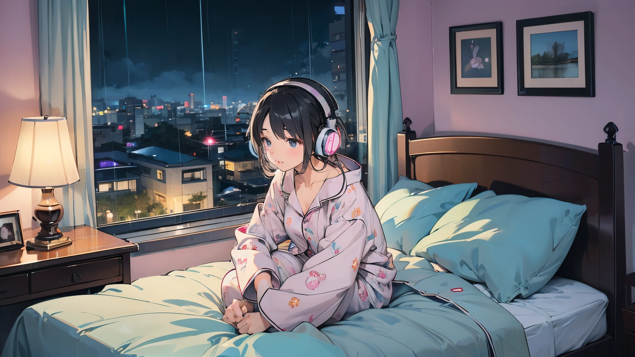 Girl with headphones enjoying music in a home I am studying Emphasize a little bit of the big chest Looking towards me with eyes closed Night Background
