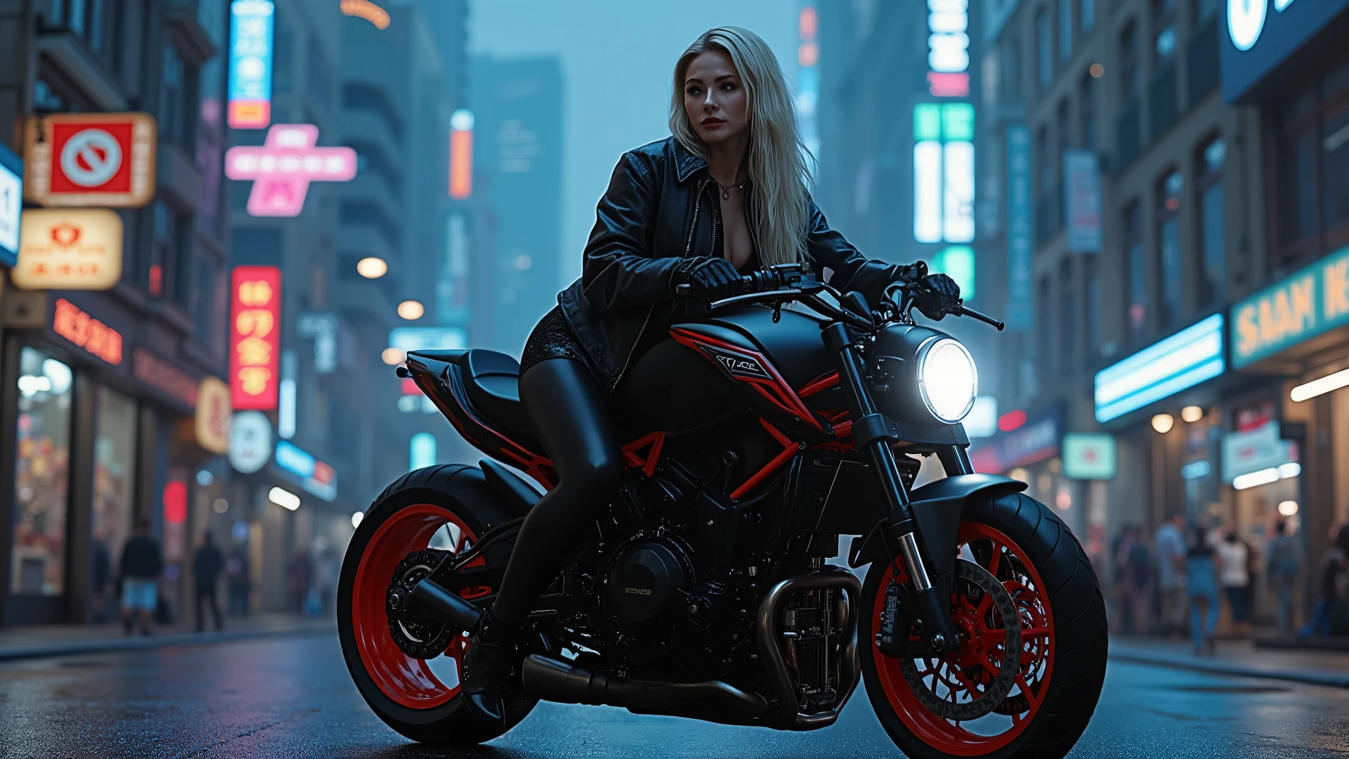 Beatiful Cyberpunk girl with long white hair on a futuristic sci-fi motorcycle with a city at night in the background. The scene is located on the street, with small shops on the sides. Girl is wearing tight black leather dress and jacket. Overall dark and moody high contrast Conceptart Painting from artstation