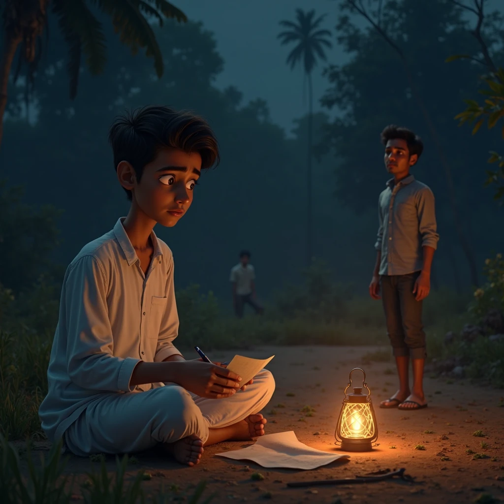 (photorealism:1.2), एक लड़का जो उदास बैठा हुआ है जैसे कुछ लोग देख रहे हैं और उंगली दिखाकर उसे लड़के को आपस में बात कर रहे हैं गांव का दृश्य है चंद्रमा की हल्की रोशनी है इंडियन एक्स स्ट्रक्चर मर्ज