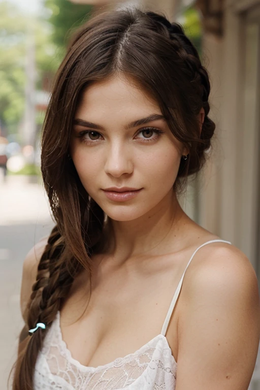 RAW, analog, Nikon Z 85mm, award winning glamour photograph,((best quality)), ((masterpiece)), ((realistic)), 18th century, KarolinaDemy:0.9 piercing eyes, looking straight, very happy, brown hair, quad braids, in a outdoor cafe, afternoon light,
