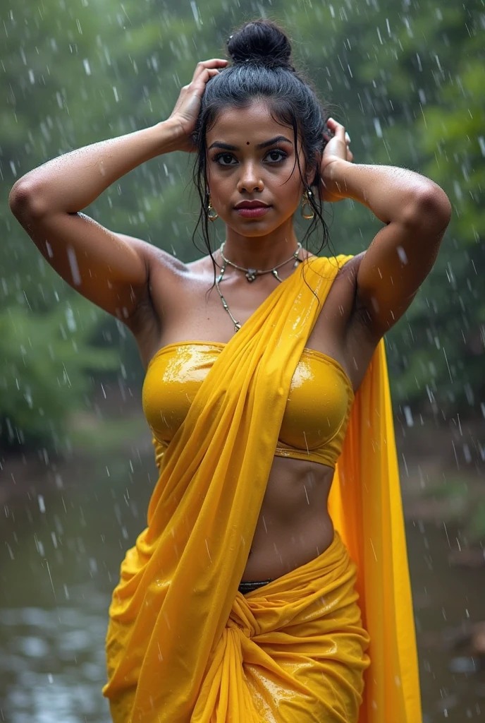 Best quality image, beautiful indain women, beautiful face, seducing face, brown eyes, hair bun, in less saree, slim Belly, medium boobs, thick thighs, in rain, wet clothes,