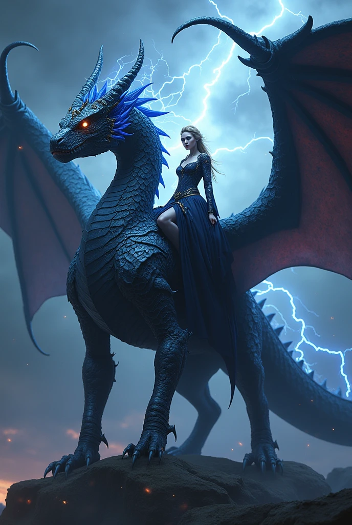 A beautiful young woman, of "white blonde hair " , and "deep violet eyes" , volando en el cielo ofl amanecer, mounted on her dragon , that its scales assume an eclipse "Landfe Action" "HD" "4k"