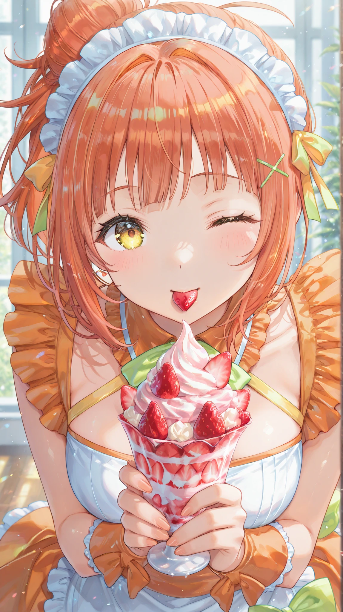 ((( details - perfect))), solo, 1 girl, Ayumu Uehara、Orange Maid Outfit、holding strawberry flavored ice cream in my hand、orange hair、yellow-green eyes、My right eye is winking