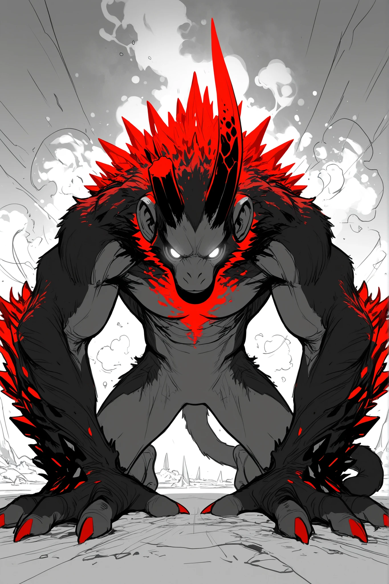 Game monster, sketch, concept art, monkey mandrill, bright color, Breath steam, black and red furr, white eyes, round eyes , glowing eyes, muscular, on plain white canvas, rough, thin lines, 2d, concepts art, On all fours, large, wide front arms, and small back legs , tail, front view, head focus, Masterpiece, incredible quality, perspective, ,Alone , grew old, brutal, cunning, Black crystal protrusion on his fists and the side of his forhead, disformed crystal horn