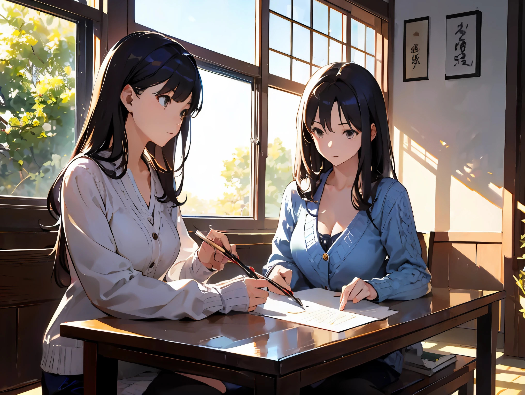 Japanese Female Artist、Black and long hair、Up-and-coming、Write using a quill pen on manuscript paper、sunlight filtering through the trees、Writing about the Table by the Window、white blouse、Light Blue Knitted Cardigan