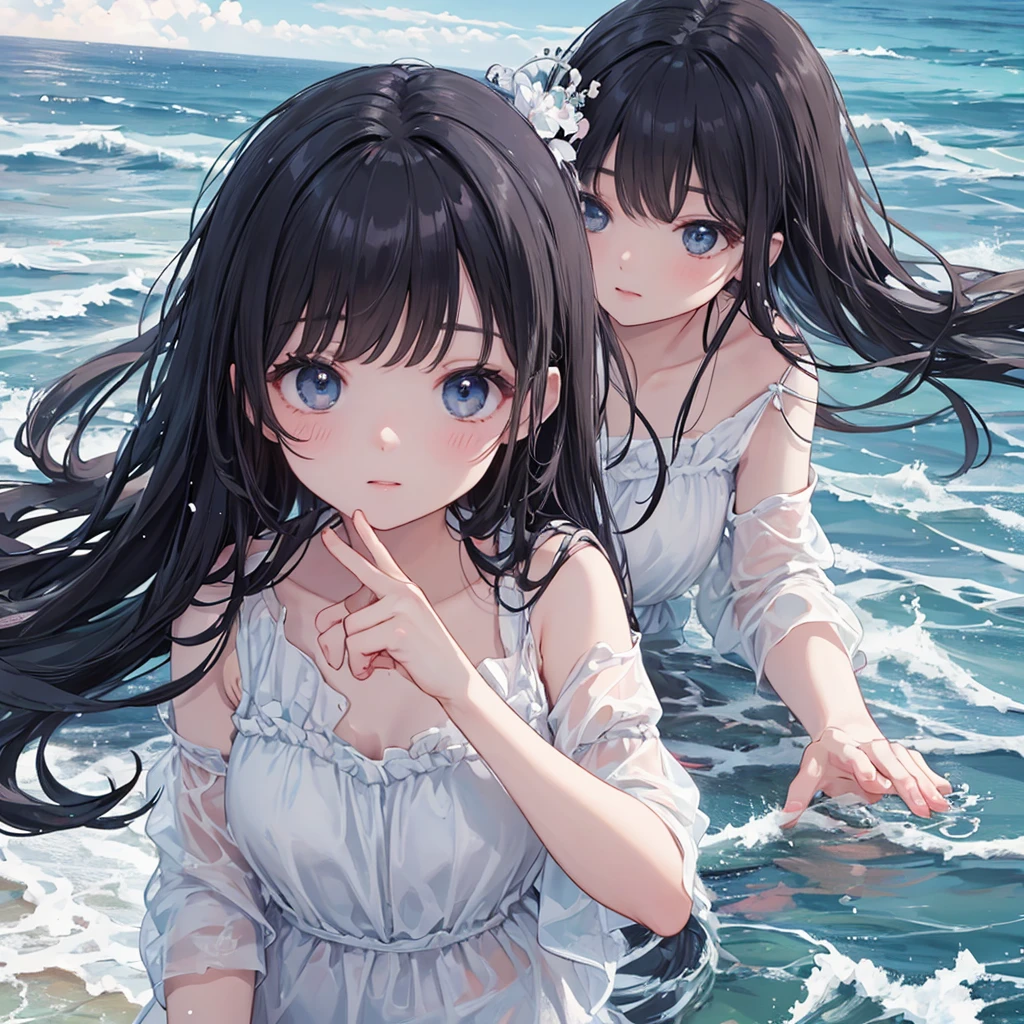 (best quality, masterpiece, uncensored, high quality, ultra detailed, extremely detailed CG, beautiful face, beautiful eyes, beautiful hair), (((2girl))), ((Long black hair)), ((Brown short hair))