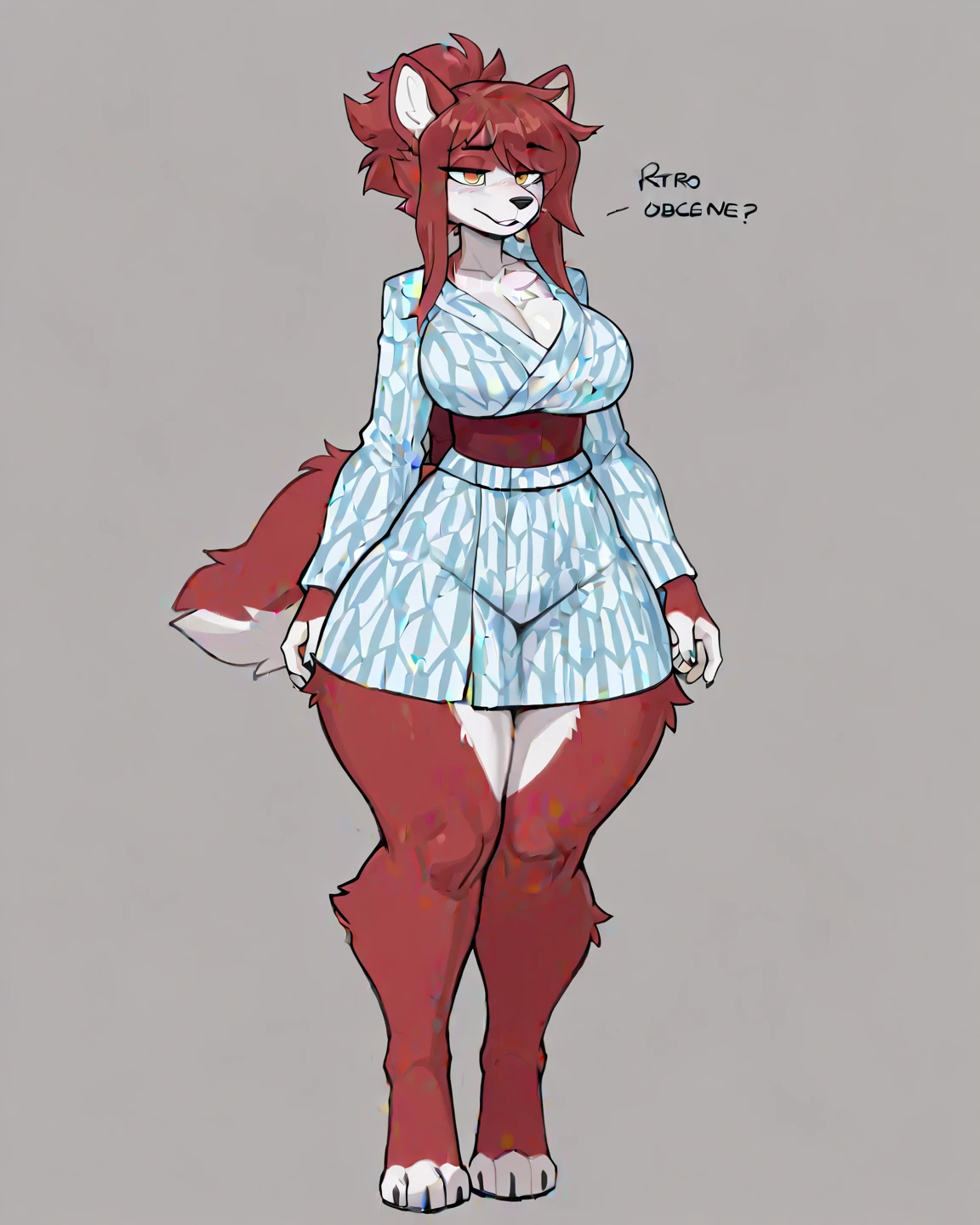 Top quality, best quality, by dabaicai, High quality illustrations, masterpiece)(kemono, furry anthro), round, female, maned wolf, glasses, slim body, fur, fluffy, no breast, Hips wide, fluffy tail, bikini barely cover cock and balls, big hip, thick legs, big ass, curvy, sexy, hot, collar, femboy, small cock and balls, long punk hair with punk, circular glasses,