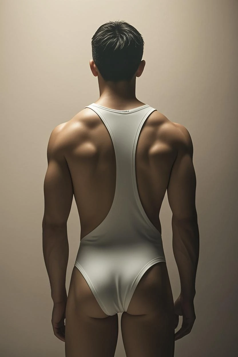 a handsome Asian man, he is wearing a springy white tank top, wet, standing on his back showing his ass, dramatic lighting, hyper-realistic, 8k, high quality, intricate details, cinematic composition, glowing skin, dramatic atmosphere, moody lightingstanding on his back showing his ass with lean legs
