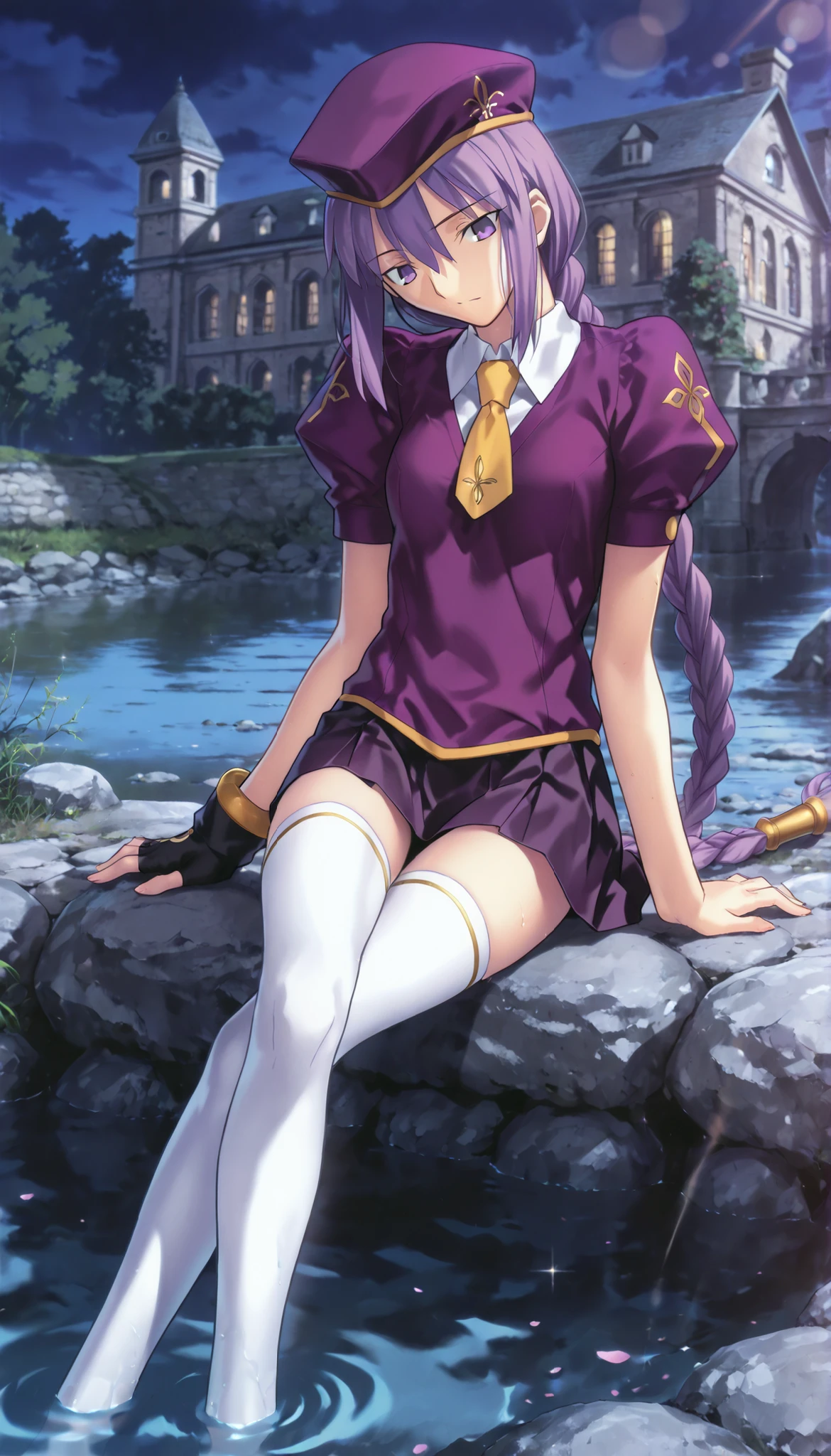 masterpiece, , absurdres, highres, detailed background, high resolution, masterpiece, necessary, detail, best quality, quality, necessary, details, High details, Precise, dark, outdoors, (mansion, ,river), lens flare, blurry background, (in water) ,
1girl, Takeuchi Takashi (type-moon,tsukihime) style, takeuchi takashi style,, (aged up:1.5) ,((very long legs, slim legs)),sitting ,
girl, (slender body, slim arms, slim bod), (Sion) Eltnum (Atlasia) ,sion eltnam atlasia,(fate), purple hair , purple eyes, half-closed eyes, tsurime, hair between eyes ,long bang, long hair , braided hair , braided ponytail , yellow ribbon , EltnumOutfit ,small breasts, light purple sweater ,Juliet sleeve sweater , collared undershirt , white undershirt , undershirt , yellow necktie ,(short sleeve), , dark purple skirt , miniskirt , gold trim , white thighhighs , single glove , fingerless glove , black glove , dark purple beret , ,((head tilt)), looking down , touching leg,