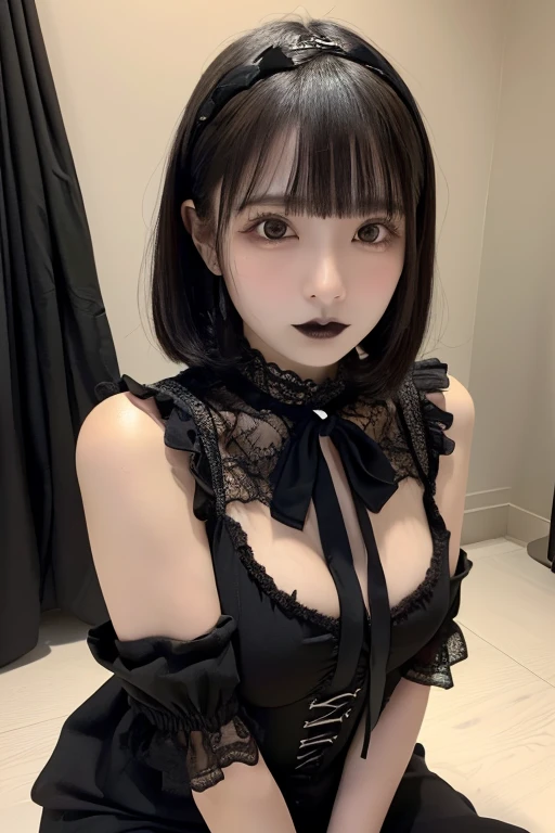 Sexy and firm super small breasts、Small breasts and exposed nipples、RAW Photos, 8K, (Highest quality), Realistic, (live-action, Intricate details), (Natural skin texture, Detailed skin, Hyperrealism, Sharpness), (Japanese age girl standing in an abandoned apartment), ((Black and white Jirai fashion:1.6)),Slender body, ((Gray Hair, Straight long hair, Blunt bangs)), ( Fascinating face, Provocative look, Part your lips:1.3, eye shadow, eyeliner, Tear bags, Red lipstick), thigh, Spot lighting:1.3, Cowboy Shot、