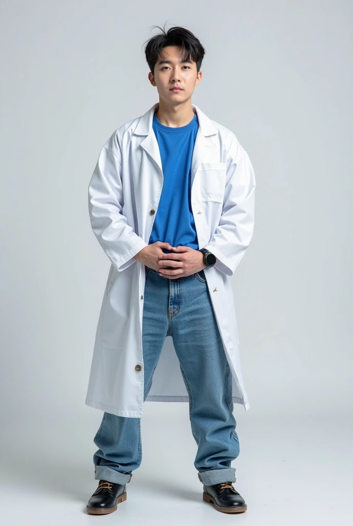 A young male twink, cute, beautiful, feminine, with a beautiful face with makeup, black hair, and his eyes have dark circles under them. He is wearing a long-sleeved aquamarine shirt and white jeans. He is in medical school, studying on a blackboard with brain anatomy written on it.