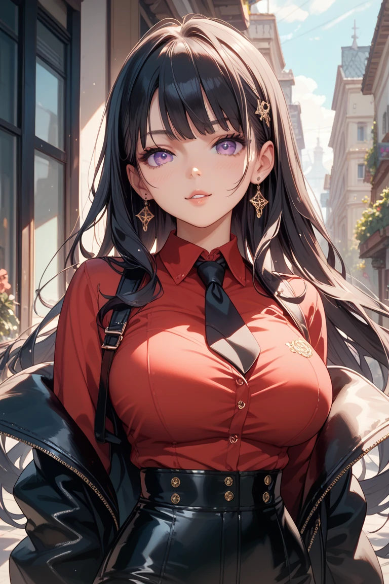 (extremely details CG、Unity、8K Wallpapers)、(extremely delicate and beautiful)、(​masterpiece)、(top-quality:1.0)、(超A high resolution:1.0)、beautiful  lighting、perfect lightning bolt、realistic shadow、[hight resolution]、Detailed skin、ultra-detailliert、detailed faces and eyes、Realistic green eyes、Sharp pupils、cowboy  shot, outside 、Evening glow、beauitful face、blurry backround、shinny skin、Side Up、Beautiful long black hair、Blunt bangs、Green Eyes、(Katyusha:1.2)、red leather jacket、perfect big breasts, Sitting on a desk、(Opening legs、You can see light panties.:1.2)、Gentle smile、