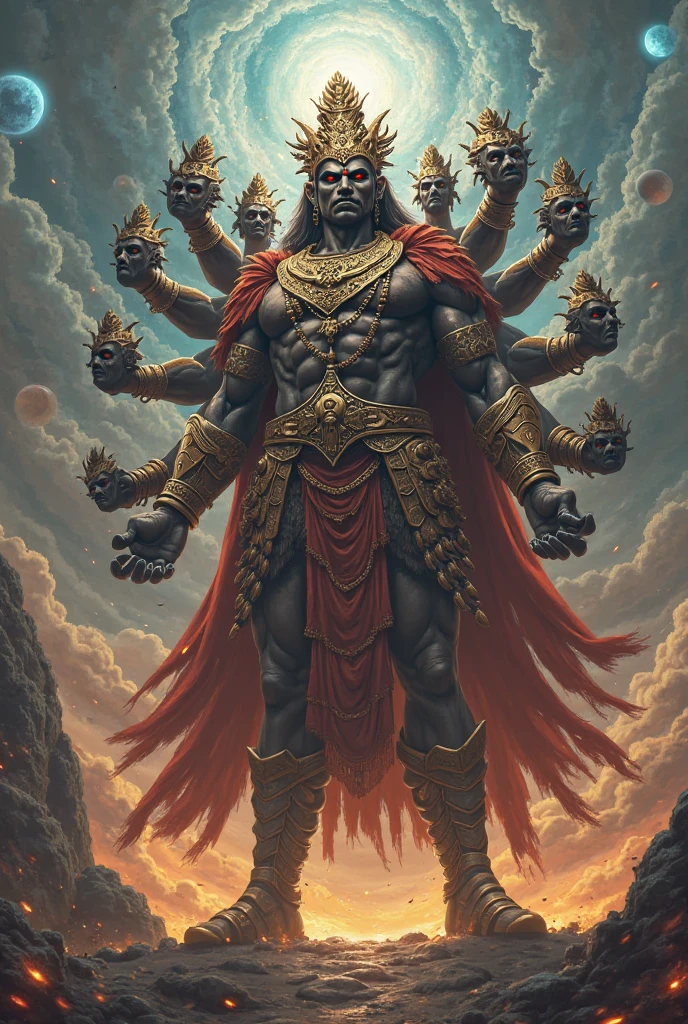 A man have 10 simultaneously heads he look very danger and look like a king he had big moustaches on each head he was very big he wore king gold dress which look very very expensive he have two hands a hand contains sword which look very scary in backgroung many a big scary peoples army and destroyed things bloody things seen in sky every thing is black and scary his face look like indian villain