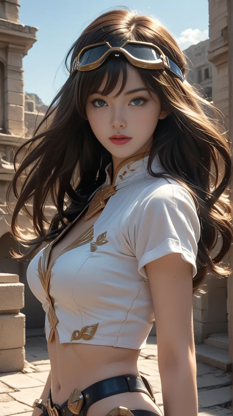 Cinematic scene,Fantasy Art,Highest image quality,Hyperrealism portrait,(8K),Ultra-realistic,Best Quality,High quality,High Definition,high quality texture,high detailing,Beautiful detailed,fine detailed,extremely details CG,Detailed texture,realistic representation of face,masterpiece,presence,Dynamic,Bold,1gir,Ultra detailed skin,Curve,,Beautiful breasts,Large breasts,pale skin,pointed breast,Erect nipples,(Ultra Thin hair),(Ultra Soft hair),(Ultra straight hair),Swept long bangs,Extra bright coppery amber hair,Hair over one eye,(clothed:1.5)