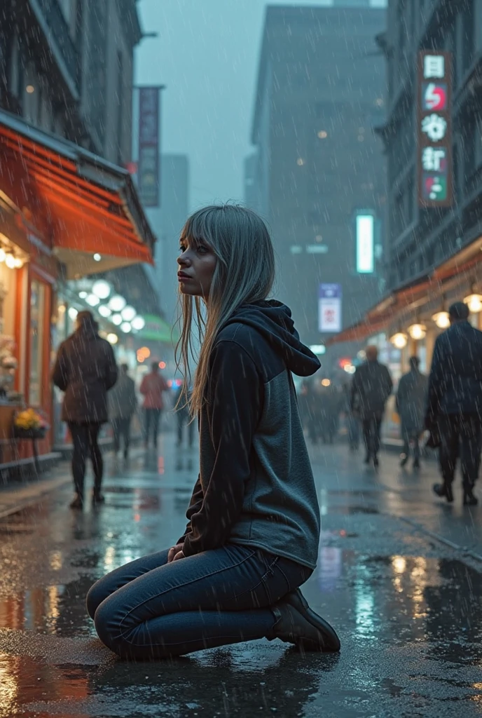 A poor girl is sleeping in the street while people pass by her and the rain falls on her clothes in pieces