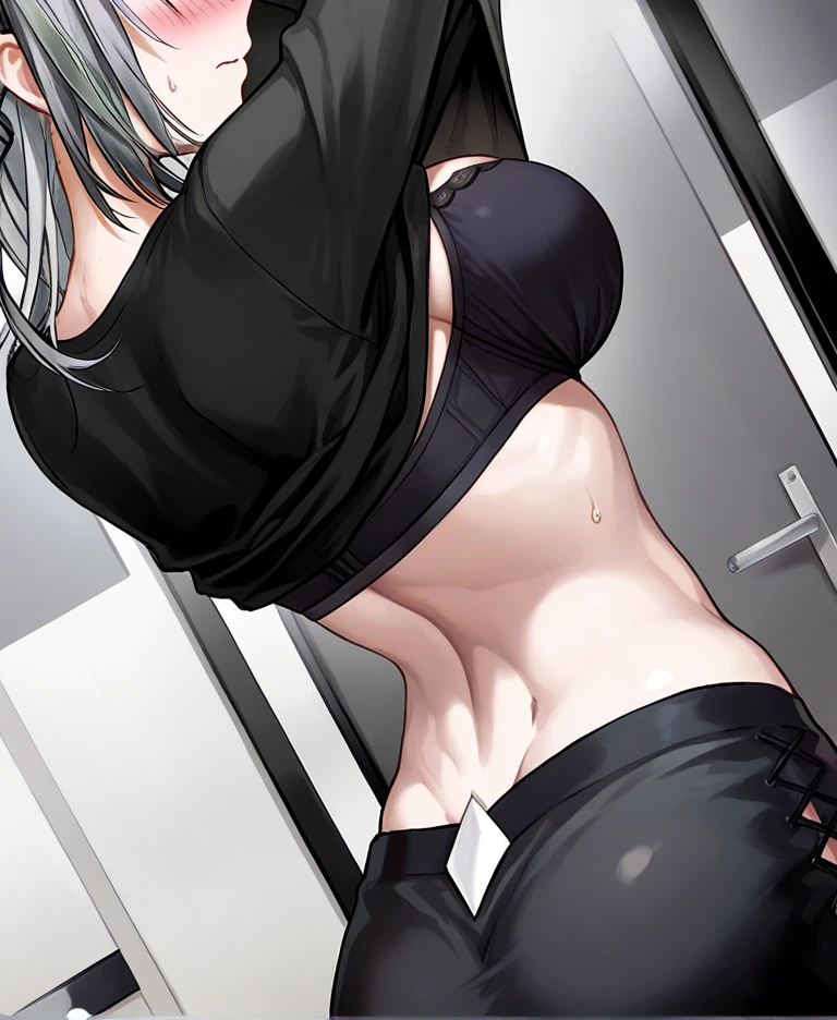 Shota,dark gray,Blue-and-black hair,Purple eye kernel,adolable,Black skin,It has a blue pattern,Black spout stockings,Black spout stockings,full bodyesbian,emaciated,emaciated,is shy,4K quality,Extreme light and shadow,Smooth and reflective skin,Black shirt,Black cropped pants