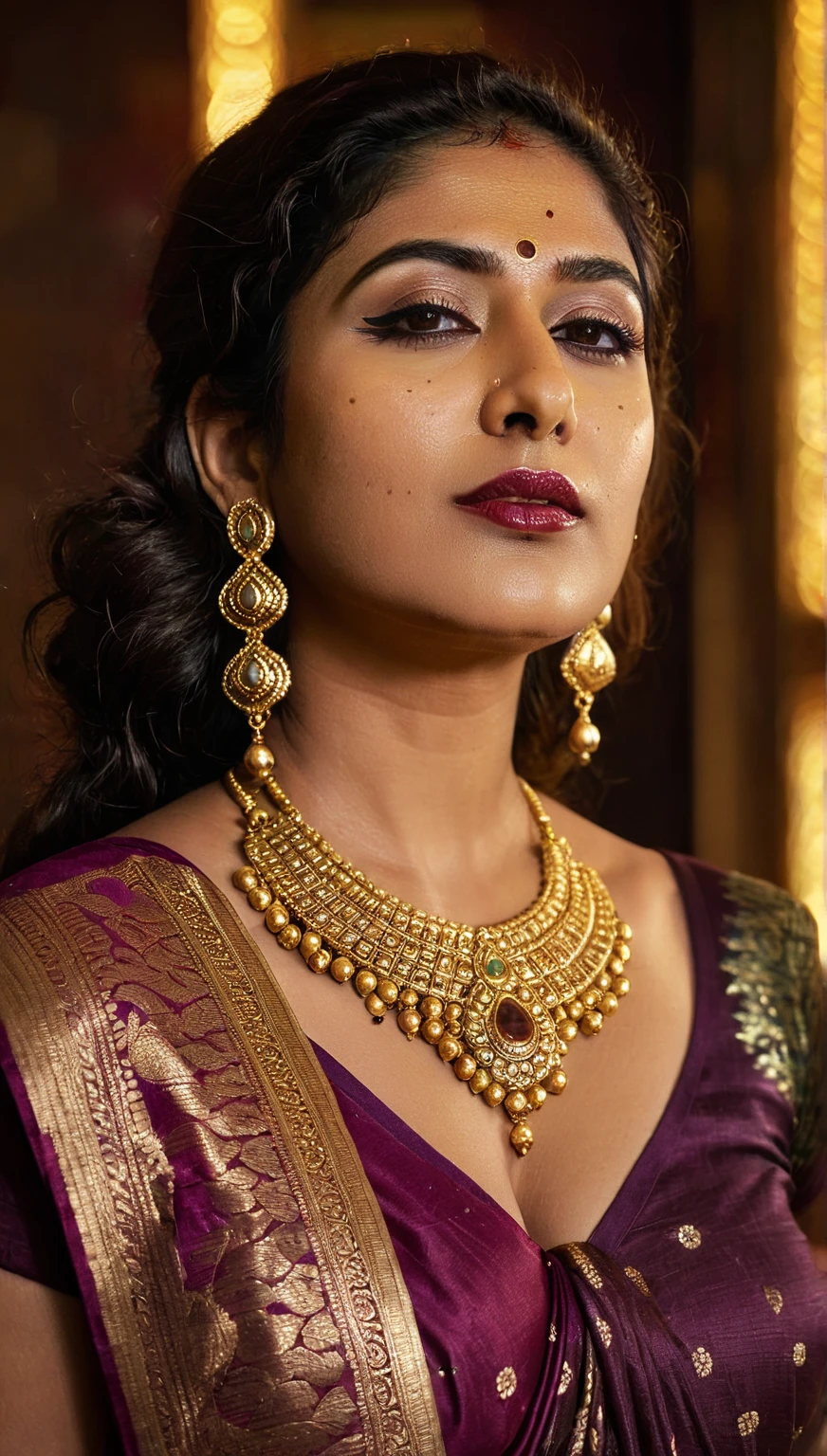 a indian mature woman, hypnotized, wearing a beautiful indian dress, detailed facial features, detailed eyes, detailed lips, intricate details, beautiful lighting, cinematic, highly detailed, masterpiece, 8k, hyper realistic, photorealistic, dramatic lighting, vibrant colors, chiaroscuro, oil painting