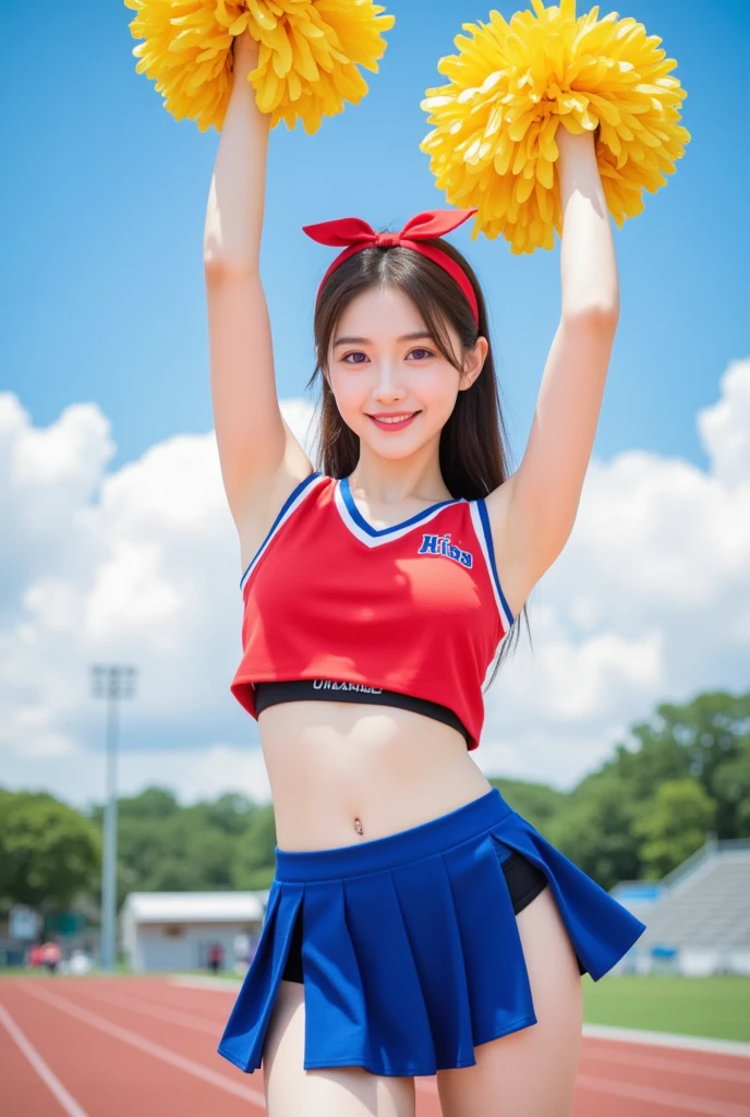 masterpiece、超High resolution、Great job!、She has a very cute face and a young figure like an idol.々A 17-year-old Japanese girl with unique features、Gentle and cute、A kind smile、She is at school Cheerleading Team、Cheerleader uniforms are bikini style and expose cleavage、Medium size bust、whole body、Cheering at a basketball game One of her breasts was exposed from her uniform. RAW Photos、Genuine、High resolution、Life、No copyright notice