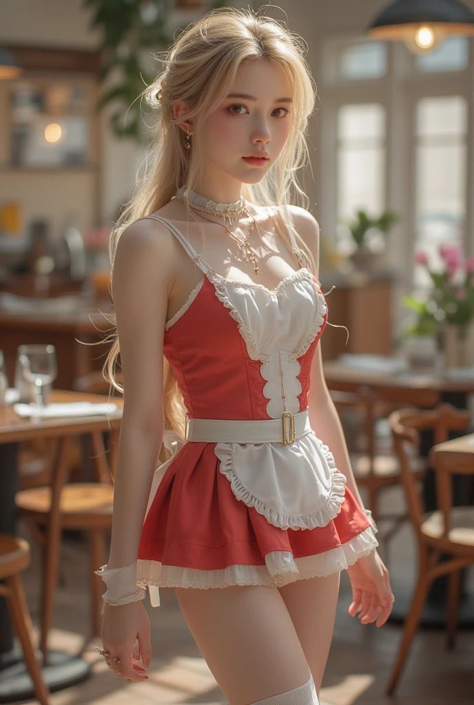 

 slender and delicate body　Slim figure　 Figure Cute Girl Blonde Long Hair Braid　Whole body　Taken from the foot
 Lifesize

Red Maid Outfit　 red super mini skirt　White fluttering apron　White Fluttering Cloth Headband
white knee-high socks　Garter Belt　White shoes　
Hospital　clerk　chairs　tables　coffee　　maid cafe

