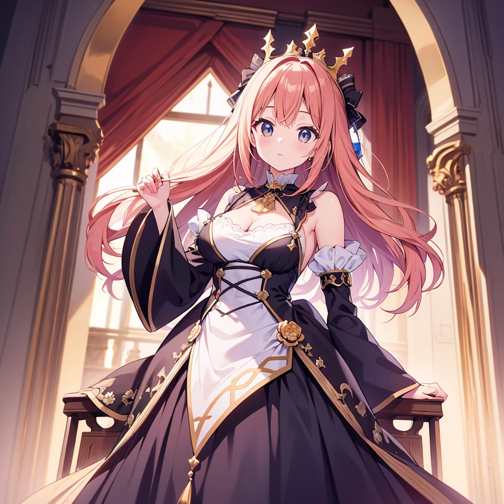 1girl, long_hair, bright_hair_color, seductive_eyes, mysterious_expression, mature_appearance, glamorous_outfit, flowing_dress, elegant_jewelry, intricate_embellishments, magic_symbols, glowing_accessories, potions, scrolls, cute_accents, bows, ribbons, flowers
