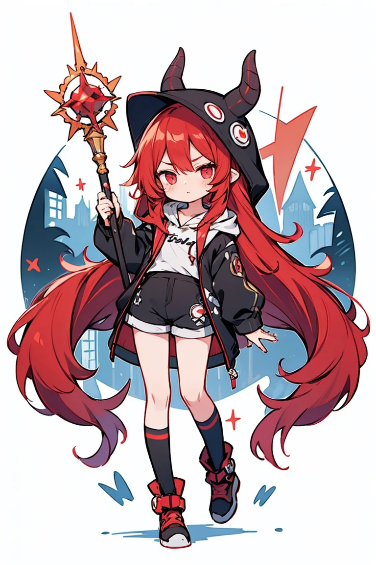 ,8K, 4K,A high resolution, Best quality, Masterpiece,1girll, Fire, fightingpose, Solo, Red hair, Green eyes, Smile, Boots, Holding, Hood, standing on one leg, full bodyesbian, holding staff, Hood up, tchibi, standing, brownfootwear, view the viewer, Long hair, , Miniskirt, Long sleeves, magic, teeth, midriff, Black socks, kneehighs, pyrokinesis, Pedras preciosas, Socks, Leg up, bangs, Red shirt, upper legs, Upper teeth only ,, 8K, 4K, (A high resolution:1.1), Best quality, (Masterpiece:1.3),(NSFW:1.2)