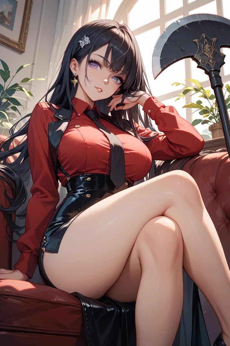 (masterpiece), best quality, Detailed, Ultra-Detailed, Digital Art, Detailed Face, (Hyper-Detailed Eyes:1.2), (Absurdres:1.2), (Realism:1.2), (Realisitc:1.2), expressive eyes, perfect face, massive breasts, very curvy, long brown hair, yellow eyes, gyaru, full lips, seductive, smiling, at home, (crop top, red jacket: 1.1), (hotpants: 1.2), cleavage, at home, massive breasts, wide hips, sweating, 1 female, sitting down, sexy, facing the viewer, (erotsundere: 1.3)