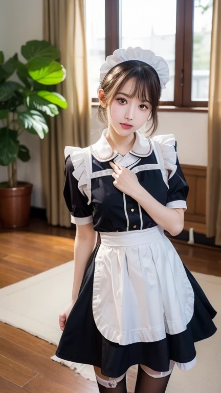 Detailed image of a young female character standing in a grand hall lined with marble columns。She has short, wavy blue hair、Has side fringe、Adorned with a white frilly headband and blue ribbon。Big blue eyes are kind、He has a slightly sad expression、There is a slight redness on the cheeks。She is wearing a classic maid outfit.、In a black puff sleeve dress、White apron with lace trim、And a blue ribbon on the neckline.。The apron has gold teardrop decorations.、It is secured by a thin gold chain。She is holding the skirt of her dress with one hand、It is lifted a little、Her other hand is delicately placed to touch the ribbon on her chest.。In the background there is a blurred white decorative building.、The soft, indirect lighting creates a calm and elegant atmosphere.。
