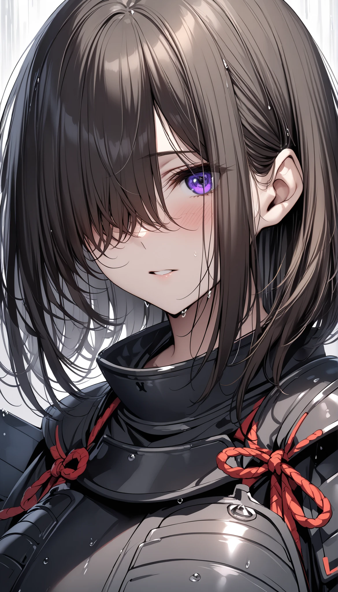 (masterpiece, Highest quality:1.2), (1girl), alone, ((medium hair)),((dark brown hair)), ((straight hair)), ((hair over face)), (hair over one eye), (hair over right eye), purple eyes, (huge breast), high detail, bloom, ((detailed face)), (beautiful effects), (samurai armor),detailed eyes, (grayscale), rain, (empty background), ((close-up))