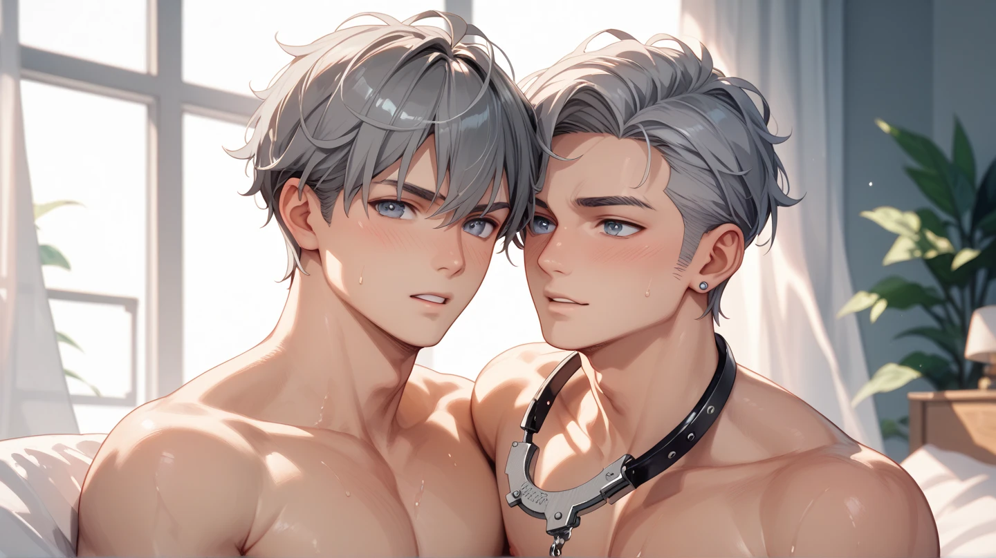 gay couple、Charming boy, Seduce, (semi-) , young face, (gray hair) (short hair) (small breasmall breasts (Mece Top Quality 8K Resolution)very detailed and sophisticated, whole body、