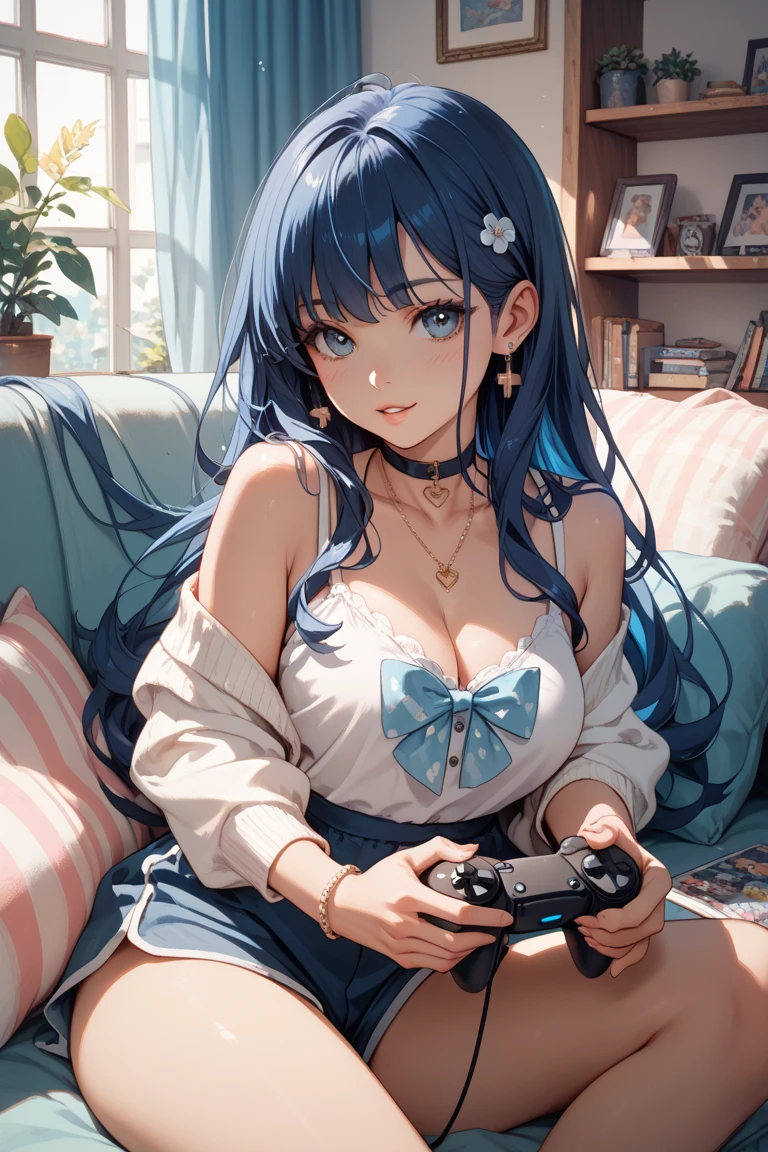 1girl, bluenette hair, light blue hair, next door girl, laying on couch, soft smile, playing console, holding controller, gaming,