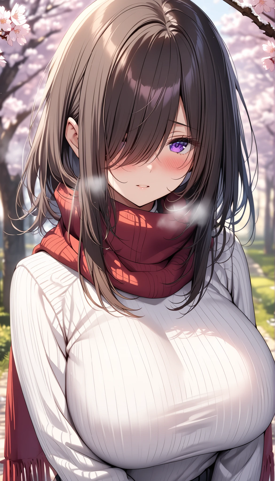 (masterpiece, Highest quality:1.2), (1girl), alone, ((medium hair)) ,((dark brown hair)), ((straight hair)), ((hair over face)), (hair over one eye), (hair over right eye), high detail, bloom, ((detailed face)), (beautiful effects), (((white Sweater high neck))), detailed eyes,(purple eyes), ((big )), ((purple eyes)), (cherry blossom), blush, standing, black pleated skirt, ((red warm scarf)), cold, breath