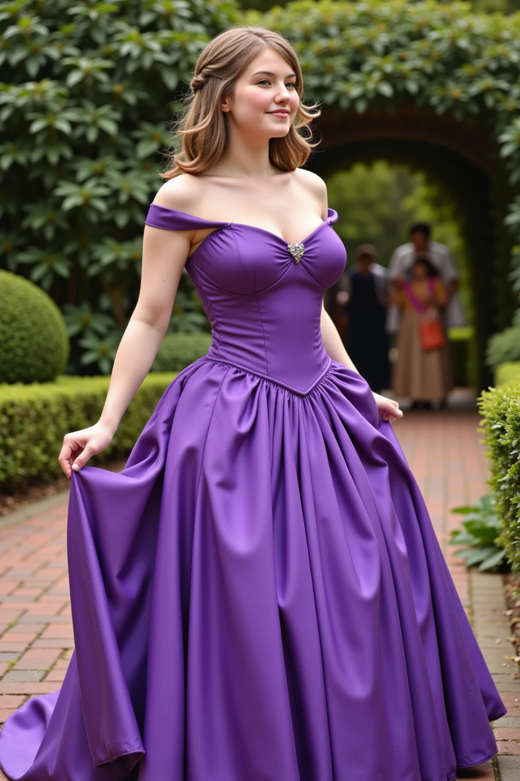 Realistic full body photo of a smiling, Young blonde girl with long hair, She dances in front of the camera in a long, Multicolored A-line bridesmaid dress with off-shoulder straps in shiny purple and green satin.,Belly loop, Park,glamour fotoshooting, Wedding celebration, perfect anatomy, perfect blue eyes. Perfect hands with 5 fingers on each hand, Matching girl, looking at the camera, 1 Frau. (Eye make up:1.1), (highly detailed skin:1.1), spirit, analog style, keen focus, 8K UHD, dslr, good quality, Fujifilm XT3, Grain, Award-winning, masterpiece. Wedding celebration