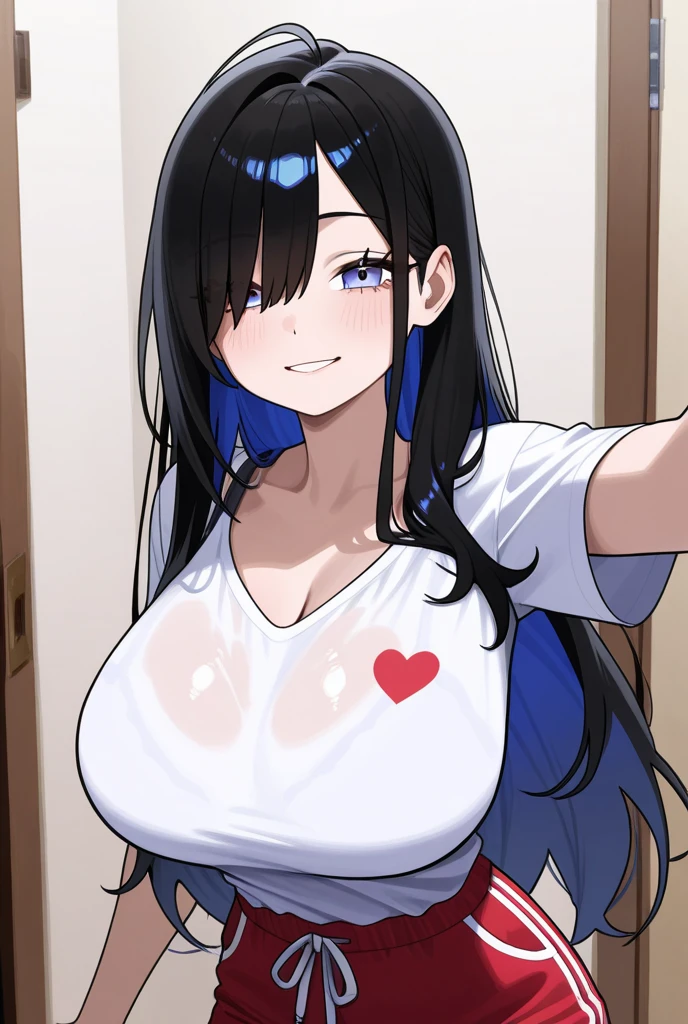 (shaded face:1.2), hollow eyes, grey eyes, looking at viewer, heavy breathing, smirk, uppert teeth, long_hair, blue_eyes, black_hair, very_long_hair, huge breast, game controller print, black shirt,, "Photorealistic, Hyperrealistic, Hyperdetailed, analog style, soft lighting, subsurface scattering, realistic, heavy shadow, masterpiece, best quality, ultra realistic, 8k, golden ratio, Intricate, High Detail, film photography, soft focus"